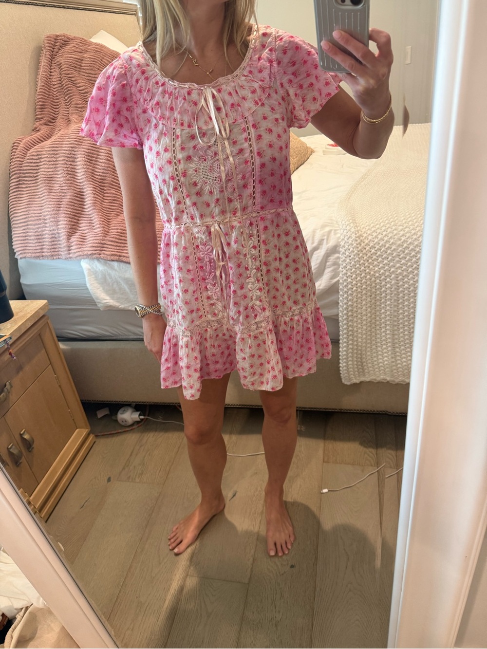 LoveShackFancy Pink Floral Ruffle Mini Dress Lace Embroidery